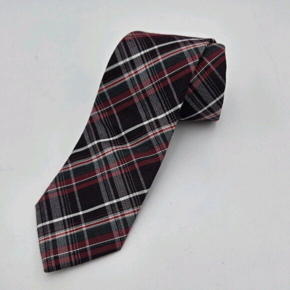 Geoffrey Beene Tie Scottish Tartan Pattern Plaid Red Brown White Black 59 X 3 In - Picture 1 of 5